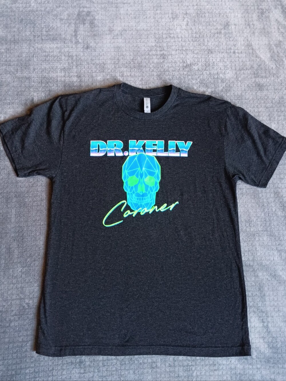Dr. Kelly Coroner Black Neon Graphic Skull Tee Shirt, Short Sleeve Size Medium